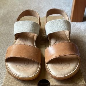 BRAND NEW, ONLY WORN ONCE, IN BOX, BRAND: “BORN”, LT. BROWN (LUGGAGE) SANDELS